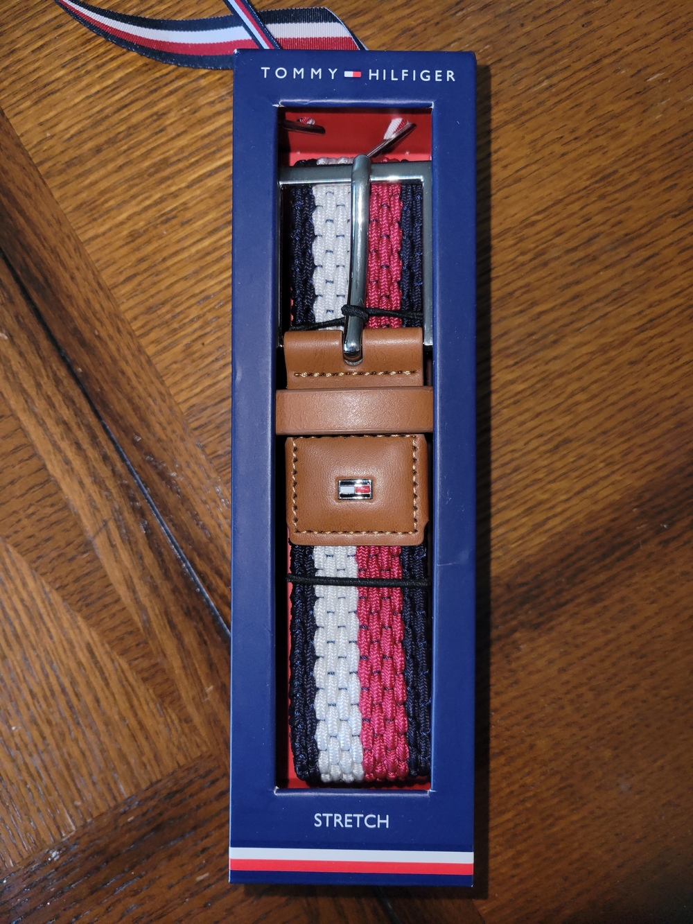 Nwt Tommy Hilfiger Men’s Tricolor Stretch Belt - Navy/White/Red with Tan Leather